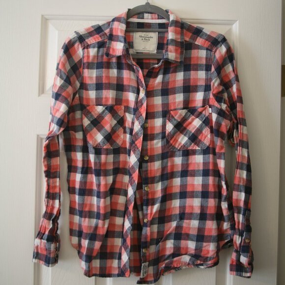 Abercrombie & Fitch Women's Buttondown Flannel Shirt, Size L, Pink/Blue - Picture 1 of 3